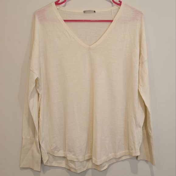 HEMISPHERE Sz Large 100% Wool Pale Yellow Women's V-Neck Sheer Top Sweater - Picture 3 of 9